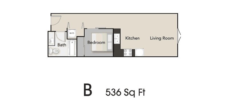 Floor plan for 1 bed, 1 bath, 536 sqft